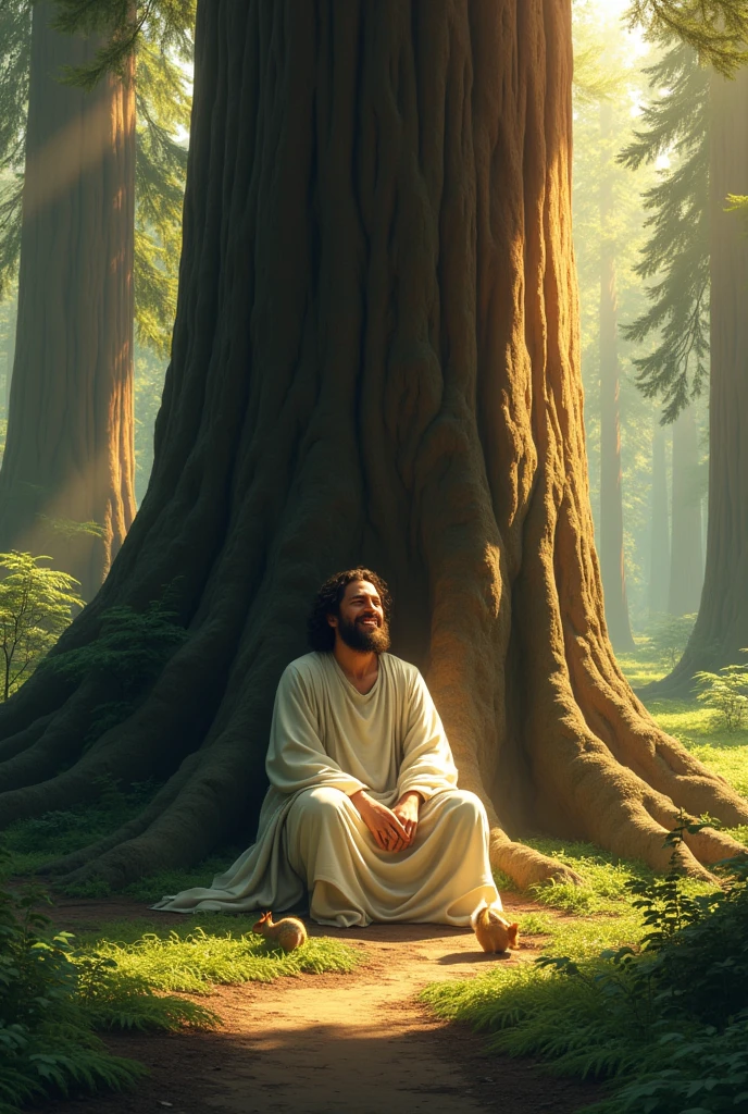 4. Jesus Resting Beneath a Giant Redwood Tree: A calming scene of Jesus leaning against the trunk of a giant redwood tree in an ancient forest. The towering trees stretch high above, their branches filtering sunlight down in beams. Jesus is sitting on the ground with his back against the massive trunk, eyes closed in rest, a gentle smile on his face. Around him, the forest floor is covered in ferns and soft moss, and small animals like squirrels and rabbits can be seen nearby, creating a sense