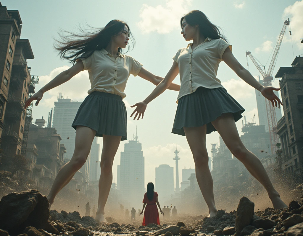 (Giant girl Art), (Super Best masterpiece giant girl Raw Photography Art), (16K, Highest quality, Ultra-high resolution, RAW Photos), (Although it is the real world, It&#39;s so unrealistic.), (Very detailed描写の, fight巨人女, Ultra-realistic depiction), (Asian Girls, So beautiful and detailed, Perfect female body, Accurate female body structure, Accurate female body movements, Very detailed女体ボディ, Super big breasts), Short sleeve shirt, Short skirt, I can see your pants, Very cute face, (Very detailed描写, Clear and accurate perspective depiction, Wide-angle depiction, Focus on the average value of the image), (Very detailed, World collapse panic movie depiction), Height 1,000m class giant girl, 2 people, The face and body are identical, fight, Scramble, Catfight, Action Movie, (2 peopleの巨女がミニチュアな街まるごとぶっ壊す描写), 見物客はfightの巻き添えに遭う, High Top View