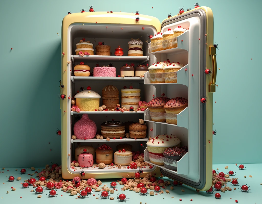We need an image of a fridge filled with sweets but uske bhaut chote chote insects lag gye ho .