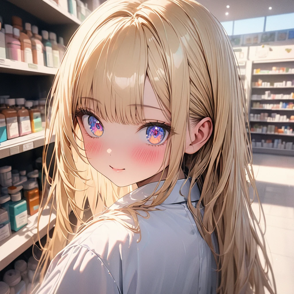 ((masterpiece)), ((Highest quality)), (Super Detail:1.2), (High resolution:1.3), ((Very detailed)), (8k), (Professional photography:1.2), (so beautiful:1.2), (Sharp focus), (Perfect light), (Cast a Shadow), cute young Girl, Shiny straight hair, (Loose bangs), ((Blonde Hair)), Highlighted Hair, ((Close)), (A cunning expression), Long Hair, Big eyes, colorful eyes, blush, ((Droplet)), cute cheeks, Glossy Lips, ((Highest quality)), (White, pharmacist), ((Posing with pleasure)), (colorful), cute makeup, ((With the interior of a pharmacy in the background)), cute, (Beautiful paintings),