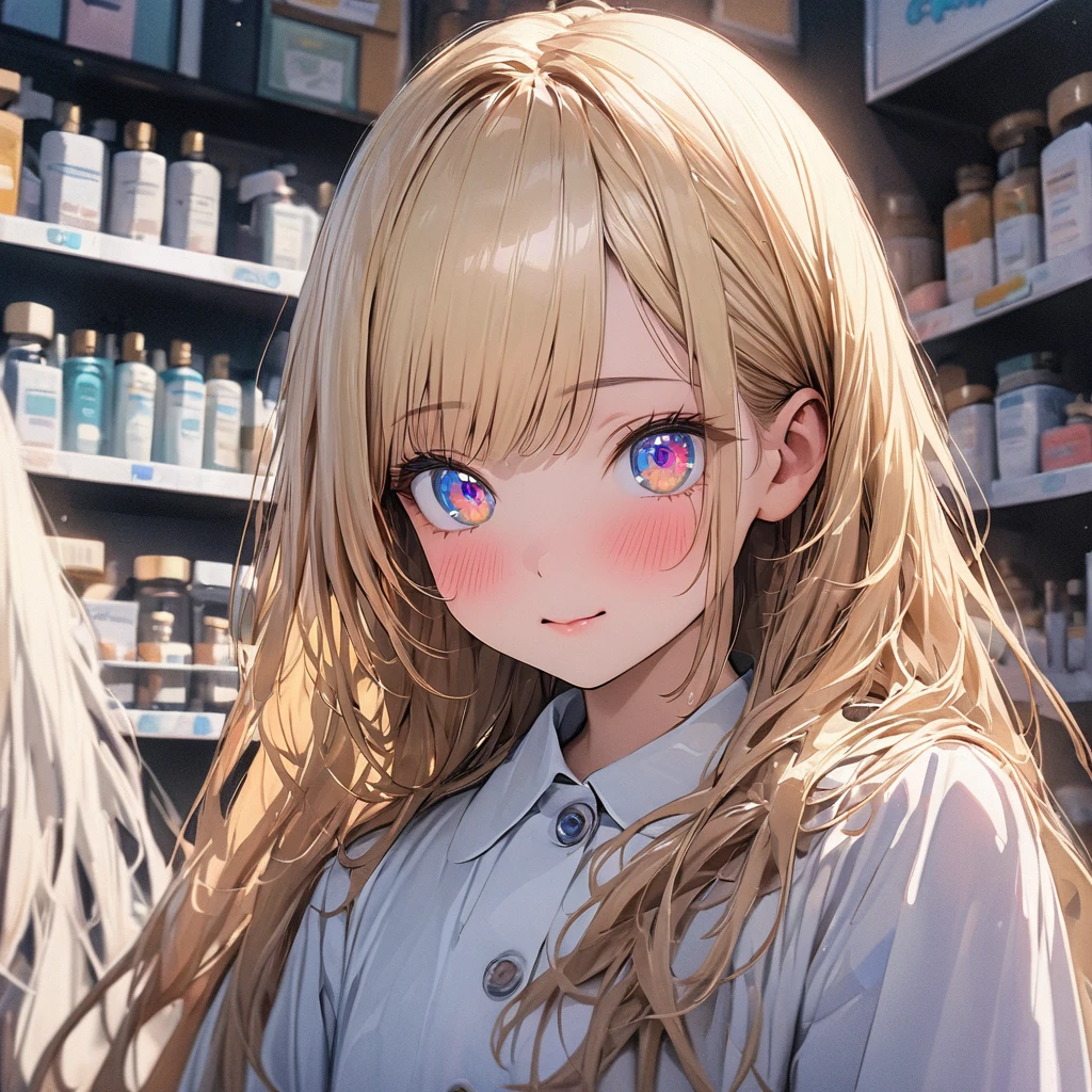 ((masterpiece)), ((Highest quality)), (Super Detail:1.2), (High resolution:1.3), ((Very detailed)), (8k), (Professional photography:1.2), (so beautiful:1.2), (Sharp focus), (Perfect light), (Cast a Shadow), cute young Girl, Shiny straight hair, (Loose bangs), ((Blonde Hair)), Highlighted Hair, ((Close)), (A cunning expression), Long Hair, Big eyes, colorful eyes, blush, ((Droplet)), cute cheeks, Glossy Lips, ((Highest quality)), (White, pharmacist), ((Posing with pleasure)), (colorful), cute makeup, ((With the interior of a pharmacy in the background)), cute, (Beautiful paintings),