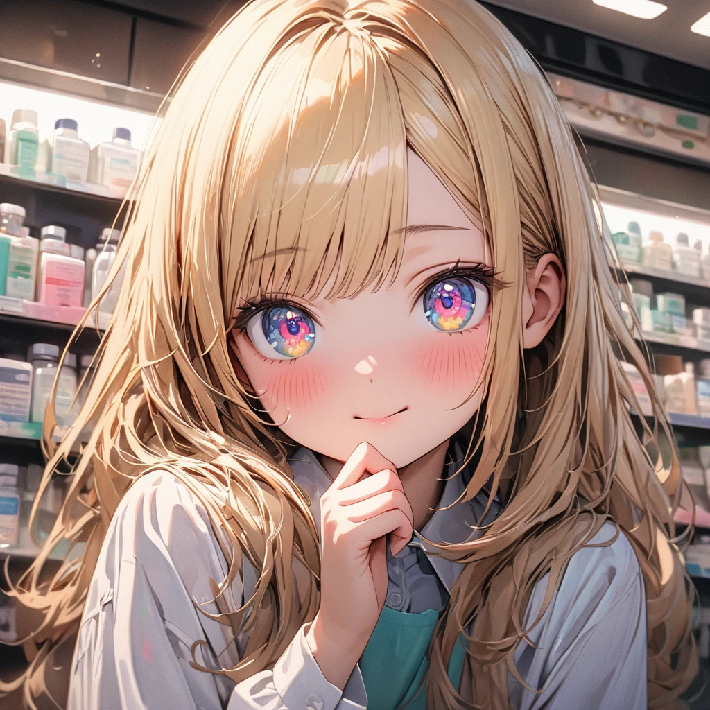 ((masterpiece)), ((Highest quality)), (Super Detail:1.2), (High resolution:1.3), ((Very detailed)), (8k), (Professional photography:1.2), (so beautiful:1.2), (Sharp focus), (Perfect light), (Cast a Shadow), cute young Girl, Shiny straight hair, (Loose bangs), ((Blonde Hair)), Highlighted Hair, ((Close)), (A cunning expression), Long Hair, Big eyes, colorful eyes, blush, ((Droplet)), cute cheeks, Glossy Lips, ((Highest quality)), (White, pharmacist), ((Posing with pleasure)), (colorful), cute makeup, ((With the interior of a pharmacy in the background)), cute, (Beautiful paintings),