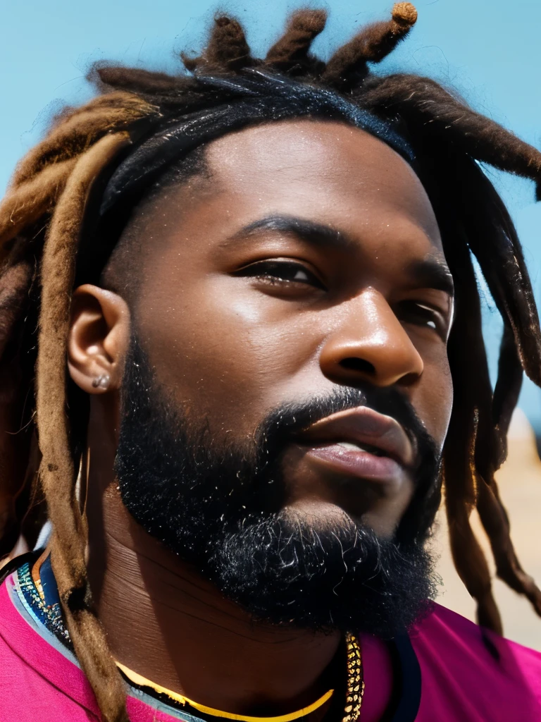 arafed man with dreadlocks and a beard with a colorful shirt, curly black beard, black curly beard, spiky black hair and dark skin, thick black beard, braided beard redhead dreadlocks, black man with afro hair, with a full black beard, inspired by Charles Martin, inspired by Ras Akyem, with textured hair and skin, thick braided beard