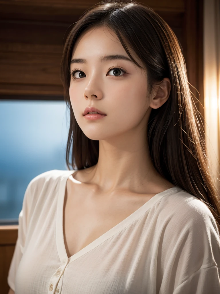 (masterpiece:1.2, Highest quality), (Realistic, photoRealistic:1.4), Beautiful illustrations, (Natural Side Lighting, Cinema Lighting), View your audience, Upper Body, 1 girl, Japanese, high school girl, , Perfect Face, Cute and symmetrical face, Glowing Skin, Plump Style、(('Skirt blown away by the wind)))、 (Long Hair, Straight hair, Reddish brown hair), Asymmetrical bangs, Brown eyes, Long eyelashes, (Large Breasts), Beautiful Hair, Beautiful Face, Beautiful details, Beautiful clavicle, Beautiful body, Beautiful breasts, Beautiful thighs, Beautiful legs, Beautiful fingers, ((Detailed garment texture、White collared shirt, Grey box pleated mini skirt、White socks、White panties、Brown Loafers), Dark red bow tie), (((Grab the hem of the skirt、Wind power increase)))、Hunchback、 (Beautiful views), evening, (street), (surprised、Open your mouth、Embarrassing),