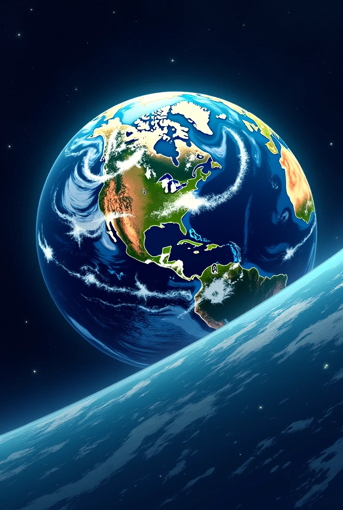 La planète terre de façon très détaillée avec un léger effet de mouvement vue de l'espace semblant très éloigner dans un style graphique. Bande dessinée 2D avec des couleurs bleu et blanc