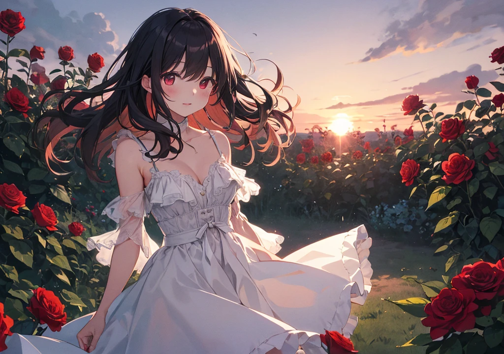 A girl stands surrounded by red roses in full bloom in a garden at dusk. Her hair is dark cherry red and sways beautifully like the roses swaying in the wind. She wears a white dress and has a calm, passionate expression. The soft sunset in the background emphasizes the romantic atmosphere