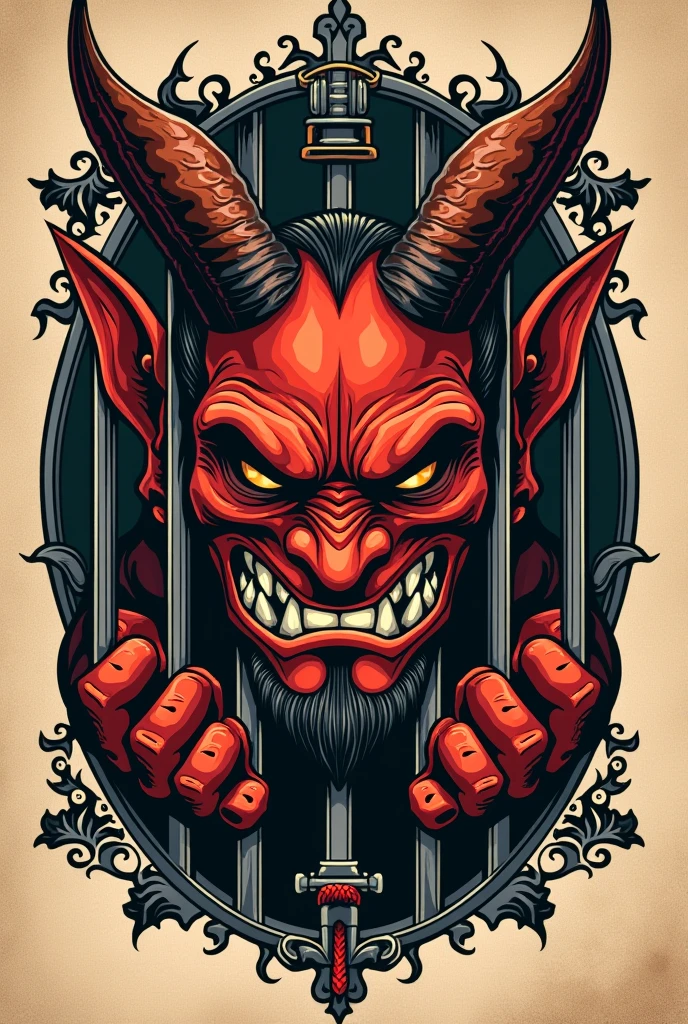 Traditional tattoo devil locked up looking straight serious