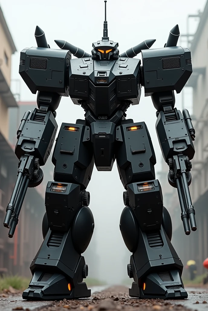I want you to create a robust robot in the armored core and front mission style.. He has an antenna in the middle of the top of his head.. He has two rotating miniguns on each of his arms and rocket launchers on his shoulders.. I want a realistic version in black color. He must have five missile launchers lined up on each of his shoulders.. In your hands you must hold two Gatling Gun machine guns..