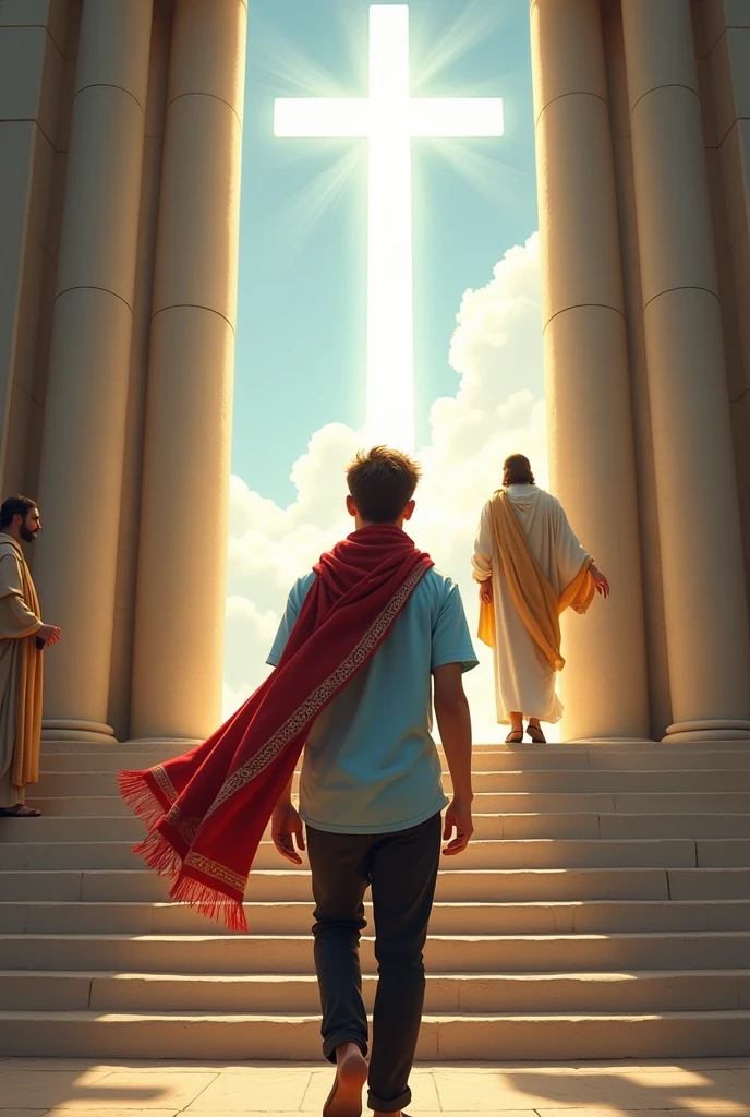 Create an image of a young man wearing a light blue shirt with short sleeves, a red scarf with white borders, black pants, and sandals facing back., walking on the stairs to heaven, At the gates of heaven are Saint Peter and Jesus waiting., photo taken from a distance