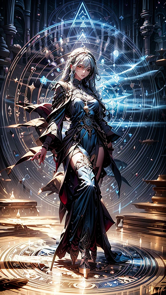 an oriental goddess,Arya,Long flowing blue hair,head ornaments,Big breasts.thin waist,Giant angel wings，Transparent lace dress,High heel,Magic circle of water under your feet,2 huge shields around you,The shield is engraved with runes.,