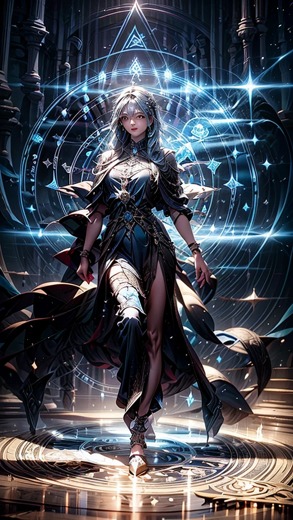 an oriental goddess,Arya,Long flowing blue hair,head ornaments,Big breasts.thin waist,Giant angel wings,Transparent lace dress,High heel,Magic circle of water under your feet,2 huge shields around you,The shield is engraved with runes.,
