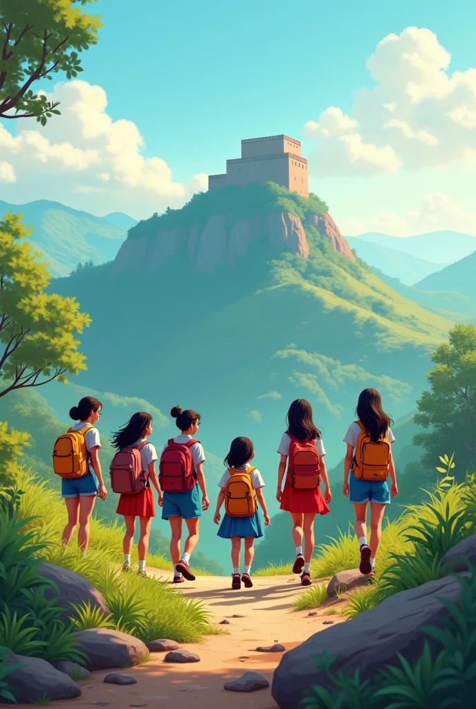Create a image with this theme. A group of 5 girls and 1 boy. One day trip from bangalore to gudibande trek. Pic with gudibande