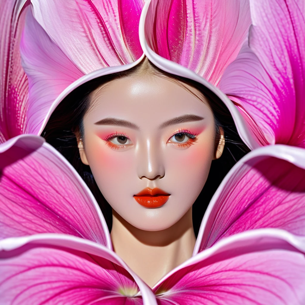 The faces of 3 people, like petals of one flower, peek out from the middle of the flower, lotosa3 8k wallpaper,Ultra detailed,beautiful and aesthetically pleasing,masterpiece (There are no obstacles)