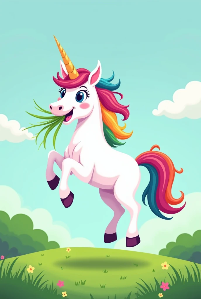 Jumping unicorn with green grass in its mouth with rainbow tail rainbow mane simple cartoon style with open eyes