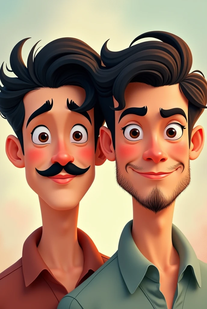 Drawing of a 2 dark-haired young man with a mustache and a beard on his thin chin in the Disney style