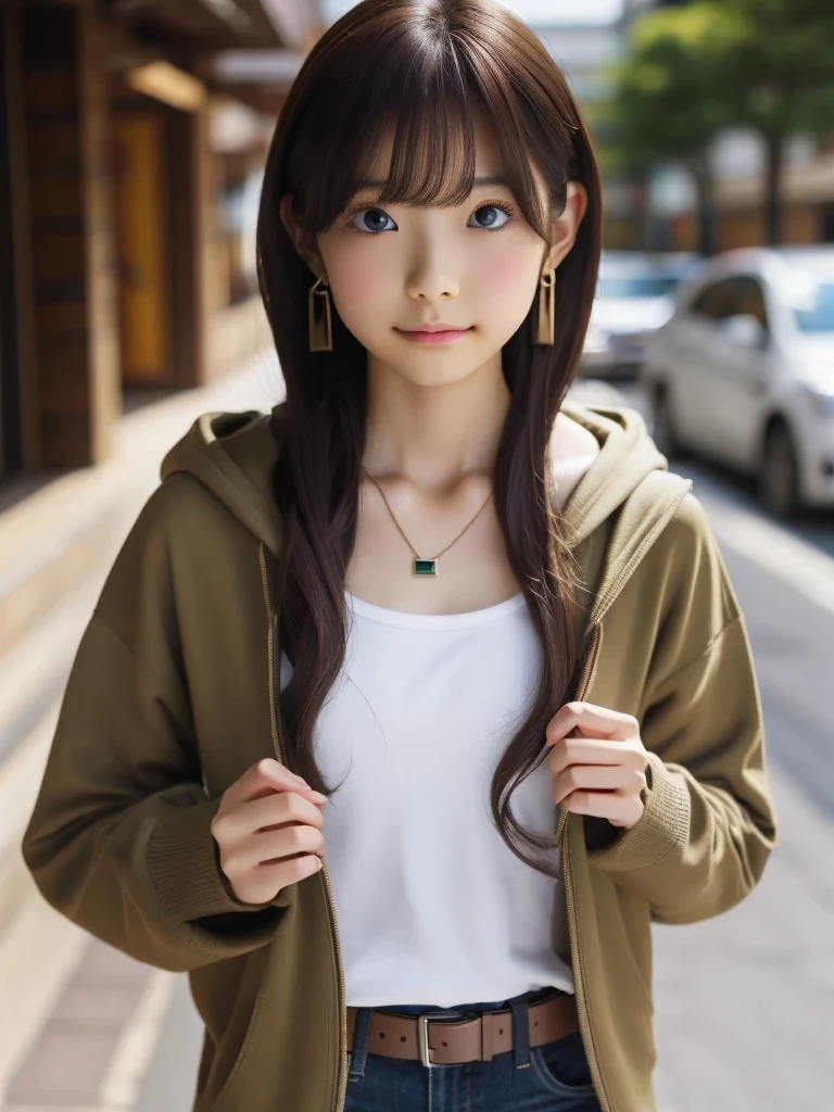 One person, chest, 大きなchest, , HoodieAdidasLong Hair, Brown Hair, belt、Earrings, necklace