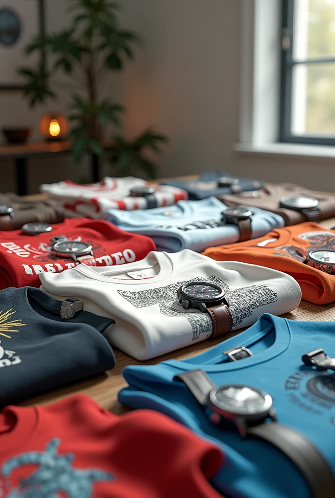 Many more t-shirt and watches in table 
