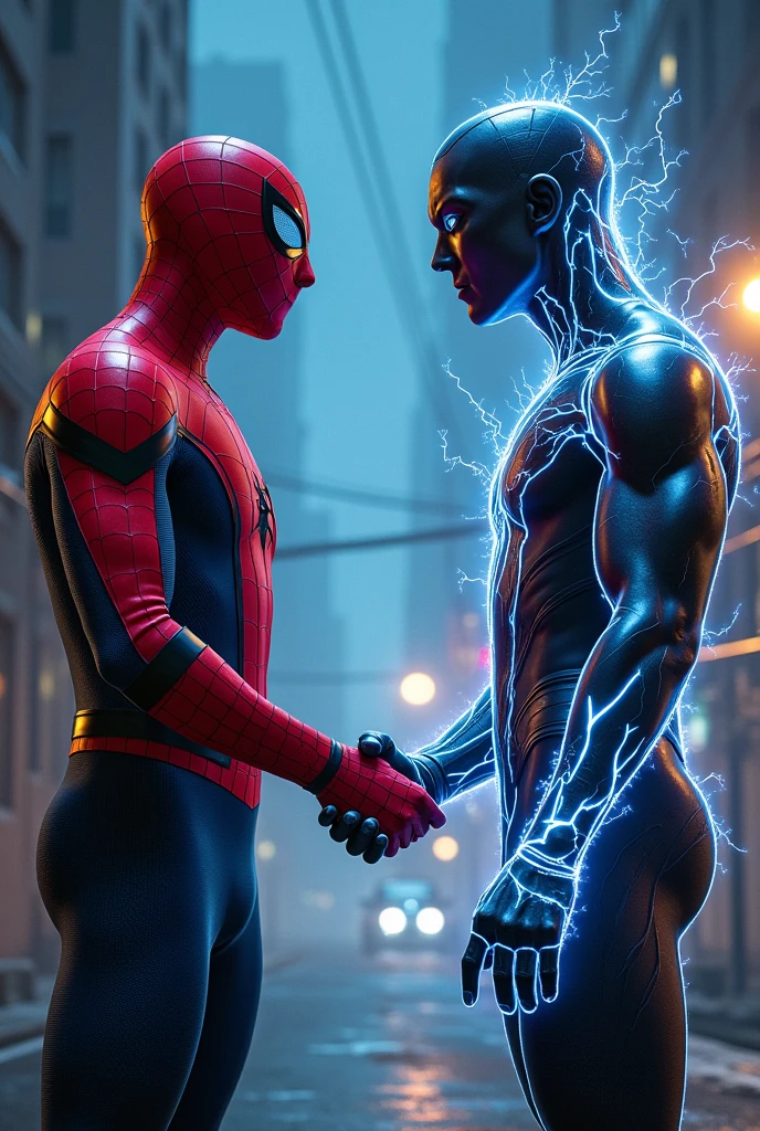 Drawing of Spider-Man shaking Electro's hand