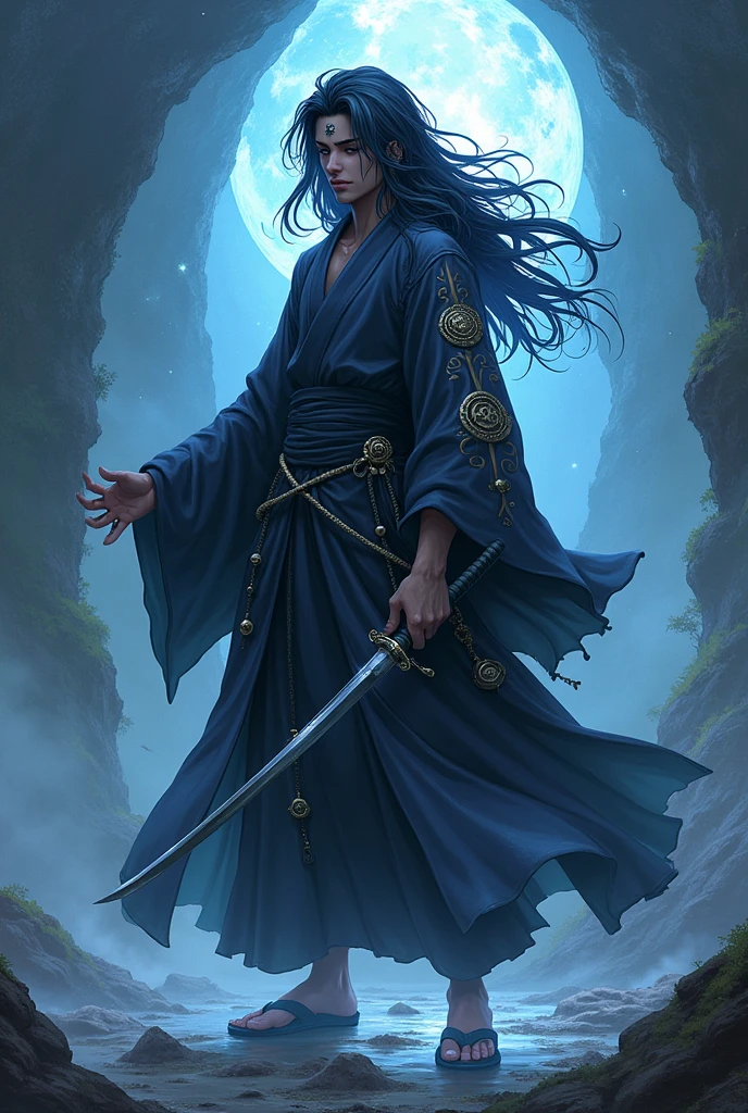 Jujutsu Kaisen Anime Character, special class wizard, dark skin and black hair. Carrying a short sword