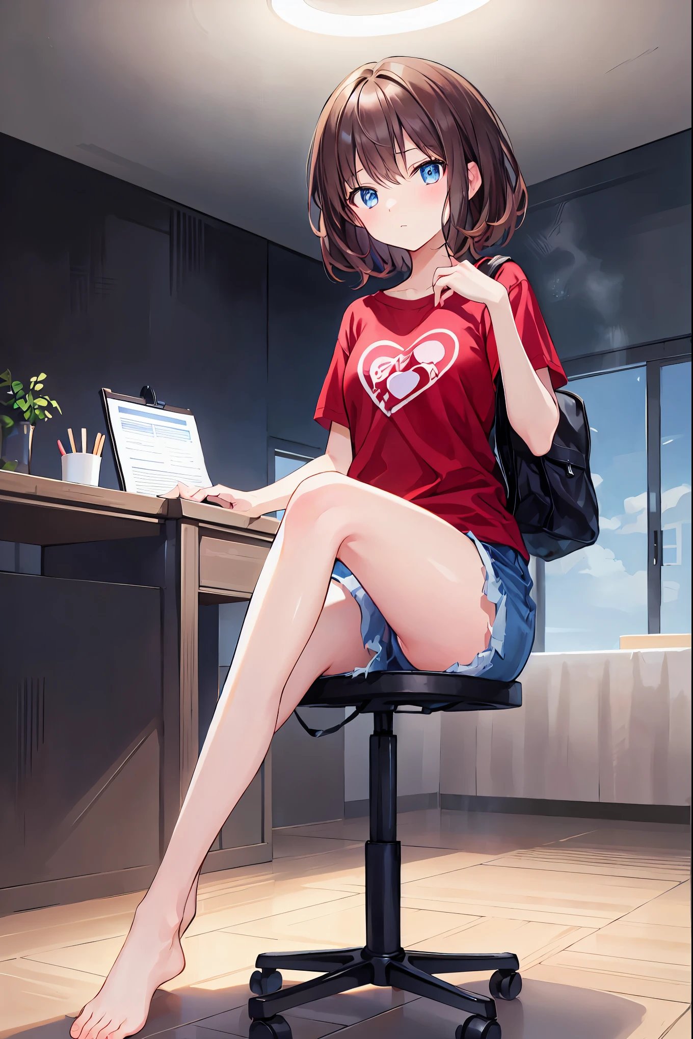 Brown Hair,Shortcuts,Messy Hair,Slender beauty,A dignified posture,Small chest,Beautiful feet,Her captivating grey-blue eyes shine like stars,Super cute and delicate black haired girl、Middle school students、14 years、8K ultra-high resolution, Delicate texture,Medium Hair、Cute room、A girl studying(Sit on a chair)、desk work(I have a notebook)、Thinking face、Rough, plain red T-shirt、Distressed jeans
