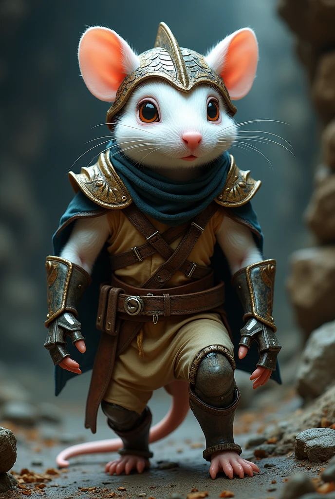 White slim humanoid mouse, with leather armor, dragon scale hunter hat, bardo, set in Dungeon and Dragon&#39;s and who lost his left arm and is replaced by a robotic arm 