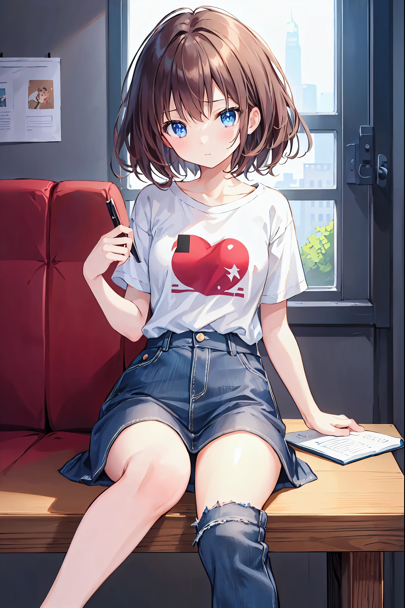 Brown Hair,Shortcuts,Messy Hair,Slender beauty,A dignified posture,Small chest,Beautiful feet,Her captivating grey-blue eyes shine like stars,Super cute and delicate black haired girl、Middle school students、14 years、8K ultra-high resolution, Delicate texture,Medium Hair、Cute room、A girl studying(Sit on a chair)、desk work(I have a notebook)、Thinking face、Rough, plain red T-shirt、Distressed jeans