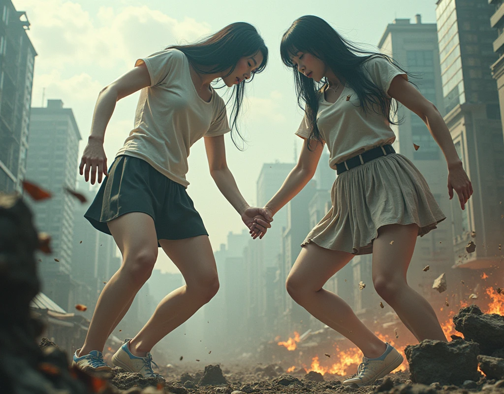 (Giant girl Art), (Super Best masterpiece giant girl Raw Photography Art), (16K, Highest quality, Ultra-high resolution, RAW Photos), (Although it is the real world, It's so unrealistic.), (Very detailed描写の, fight巨人女, Ultra-realistic depiction), (Asian Girls, So beautiful and detailed, Perfect female body, Accurate female body structure, Accurate female body movements, Very detailed女体ボディ, Super big breasts), Short sleeve shirt, Short skirt, I can see your pants, Very cute face, (Very detailed描写, Clear and accurate perspective depiction, Wide-angle depiction, Focus on the average value of the image), (Very detailed, World collapse panic movie depiction), Height 1,000m class giant girl, 2 people, The face and body are identical, fight, Scramble, Catfight, Action Movie, (2 peopleの巨女がミニチュアな街まるごとぶっ壊す描写), 見物客はfightの巻き添えに遭う, High Top View