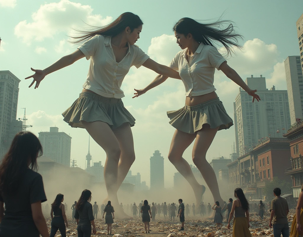 (Giant girl Art), (Super Best masterpiece giant girl Raw Photography Art), (16K, Highest quality, Ultra-high resolution, RAW Photos), (Although it is the real world, It's so unrealistic.), (Very detailed描写の, fight巨人女, Ultra-realistic depiction), (Asian Girls, So beautiful and detailed, Perfect female body, Accurate female body structure, Accurate female body movements, Very detailed女体ボディ, Super big breasts), Short sleeve shirt, Short skirt, I can see your pants, Very cute face, (Very detailed描写, Clear and accurate perspective depiction, Wide-angle depiction, Focus on the average value of the image), (Very detailed, World collapse panic movie depiction), Height 1,000m class giant girl, 2 people, The face and body are identical, fight, Scramble, Catfight, Action Movie, (2 peopleの巨女がミニチュアな街まるごとぶっ壊す描写), 見物客はfightの巻き添えに遭う, High Top View