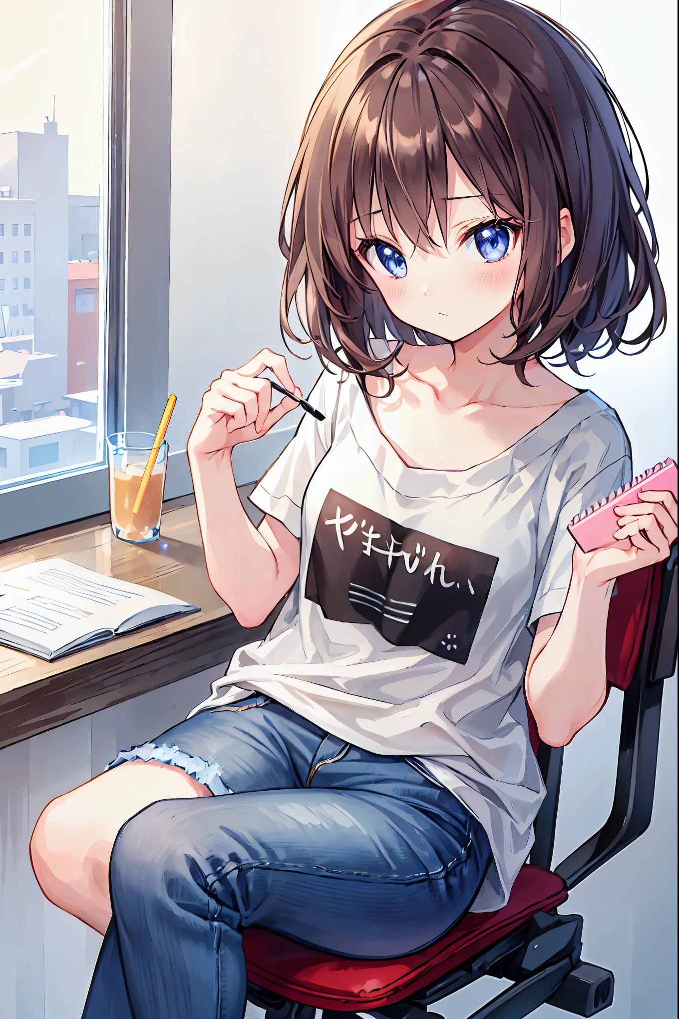 Brown Hair，Shortcuts，Messy Hair，Slender beauty，A dignified posture，Small chest，Beautiful feet，Her captivating grey-blue eyes shine like stars，Super cute and delicate black haired girl、Middle school students、14 years、8K ultra-high resolution, Delicate texture,Medium Hair、Cute room、A girl studying(Sit on a chair)、desk work(I have a notebook)、Thinking face、Rough, plain red T-shirt、Distressed jeans