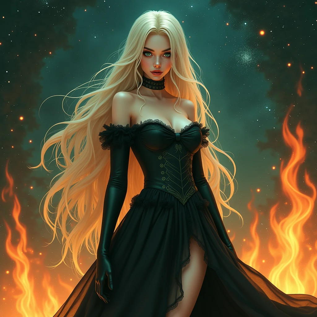Surreal , Black magician girl , long hair, Calm face, Blonde hair, Big Breasts, Off shoulder dress, Flames backdrop, night sky with stars,full background details, Half body painting, Emerald green eyes, Pinkish white skin, Natural red cheeks, Masterpiece, high quality, delicate eyes and face