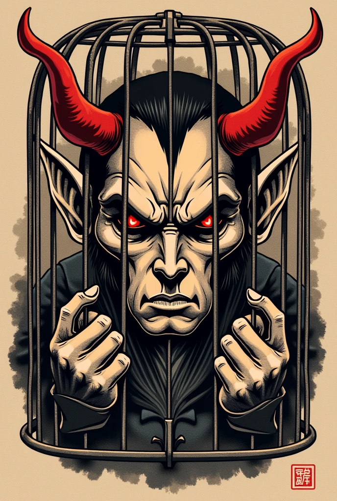 Traditional tattoo devil locked up looking straight serious