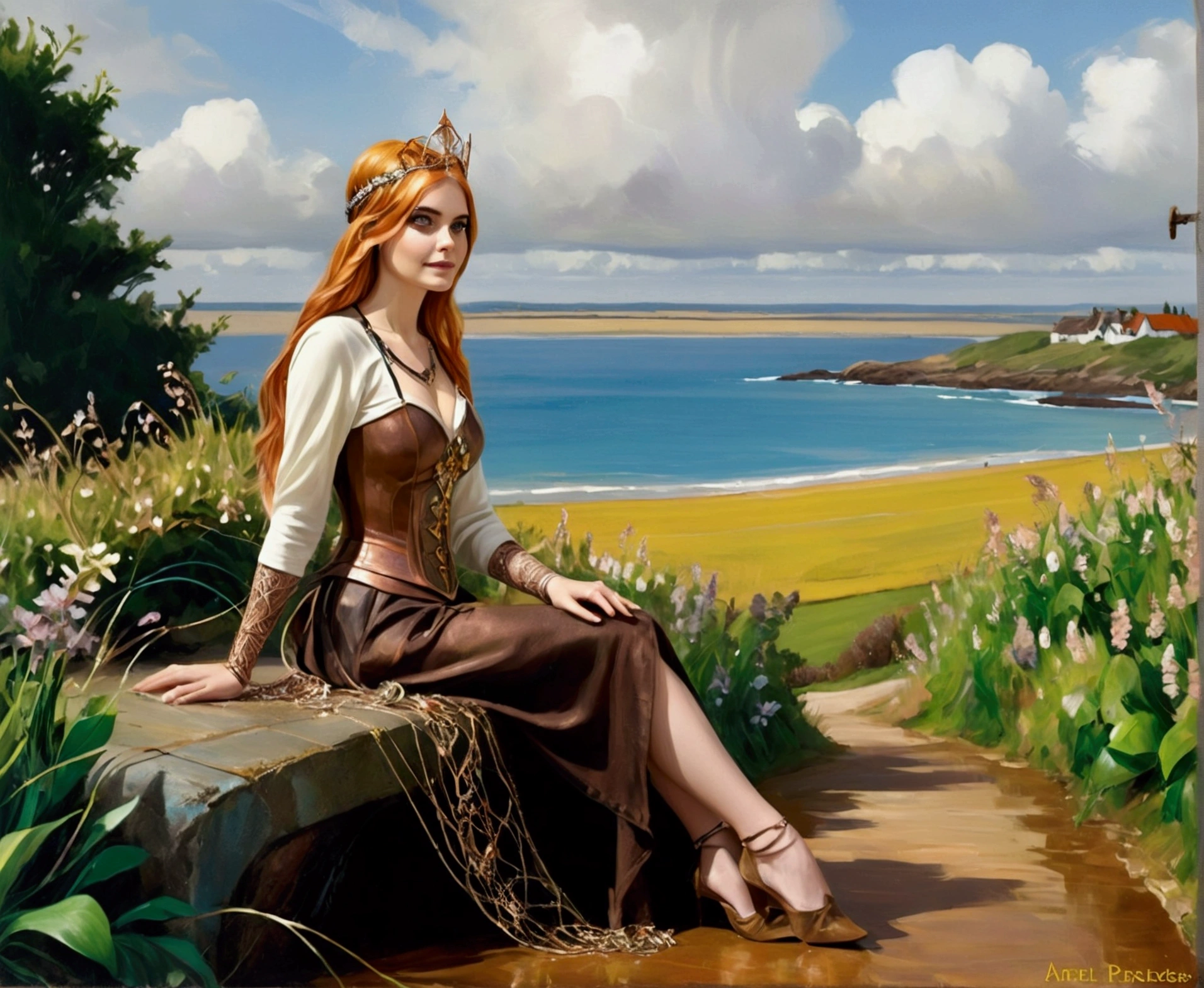 Steampunk Inspired Elven Princess. Copper Wire Necklaces & Bangles. Crown Of Fine Copper Wire. Copper Coloured Tatoos Cover Her Face And Body Intricate & Beautiful Designs. Hands On Hips. Ember Colored Eyes. Pure White Dress, Hemmed With Copper, Covered In Copper Lace & Filligree. Cppper Designs Cover The Skirt In A Kaleidoscope Of Copper Designs. Background Is Forrest. A Blend Of Ariel Winter & Alison Brie, Symmetrical Face Exudes Elegance &Grace. Cozy, Romantic Lighting. Cheerful Smile. Copper Hair That Shimmers And Sparkles In The Light. Hourglass Figure.
