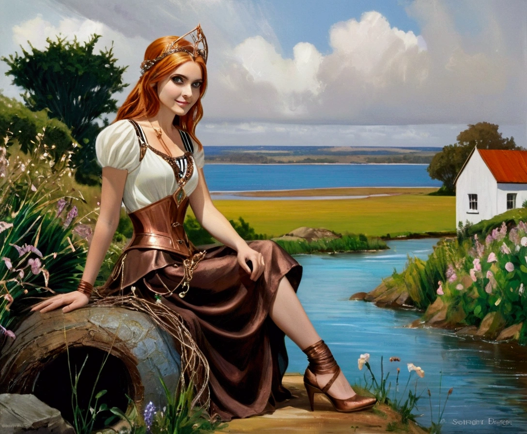 Steampunk Inspired Elven Princess. Copper Wire Necklaces & Bangles. Crown Of Fine Copper Wire. Copper Coloured Tatoos Cover Her Face And Body Intricate & Beautiful Designs. Hands On Hips. Ember Colored Eyes. Pure White Dress, Hemmed With Copper, Covered In Copper Lace & Filligree. Cppper Designs Cover The Skirt In A Kaleidoscope Of Copper Designs. Background Is Forrest. A Blend Of Ariel Winter & Alison Brie, Symmetrical Face Exudes Elegance &Grace. Cozy, Romantic Lighting. Cheerful Smile. Copper Hair That Shimmers And Sparkles In The Light. Hourglass Figure.