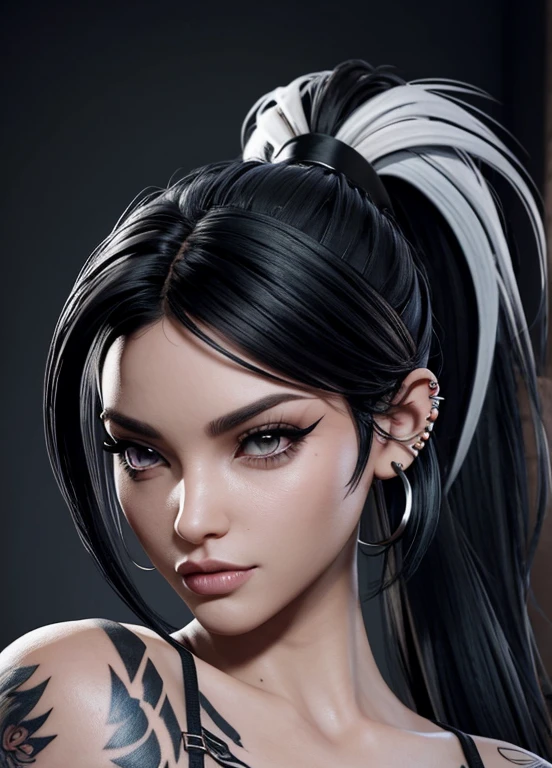 A man and a woman kiss, they are both very sexy and have tattoos and piercings, the woman has long black hair and the man has short white hair which he has tied into a ponytail. 4K,ultraHD,HD,Very detailed,imvu,masterpiece