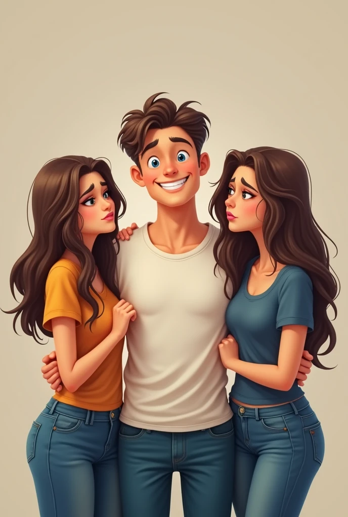One cute guy(happy) and two ugly girls(irritated)