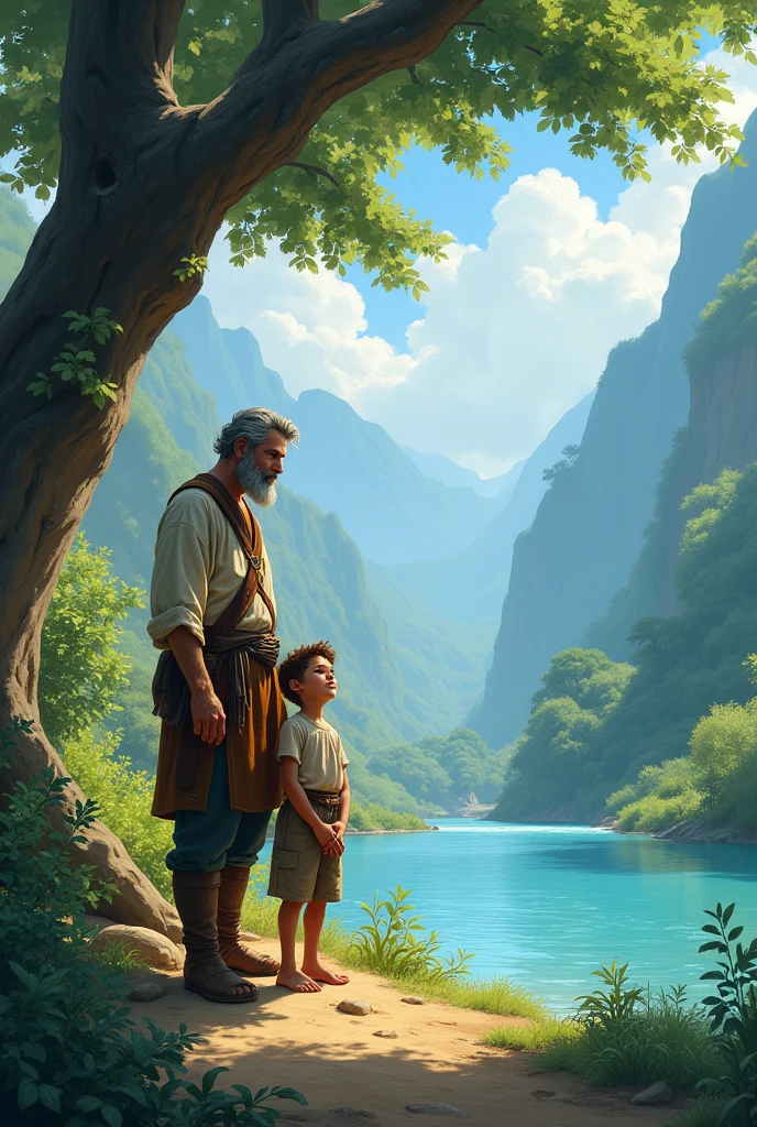 A man and a boy near the river