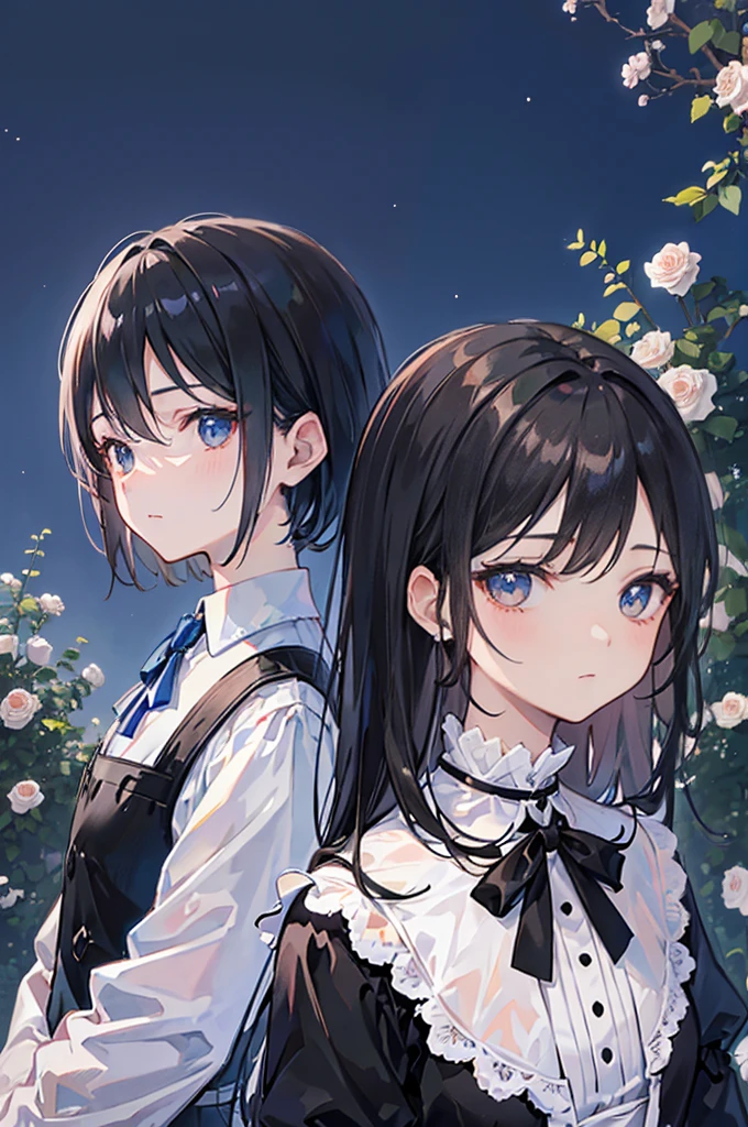 night、Staring at the brown roses blooming in the rose garden、Black and blue sky day、Staring at the brown roses blooming in the rose garden、Short black hair and blue-black eyes、butler man