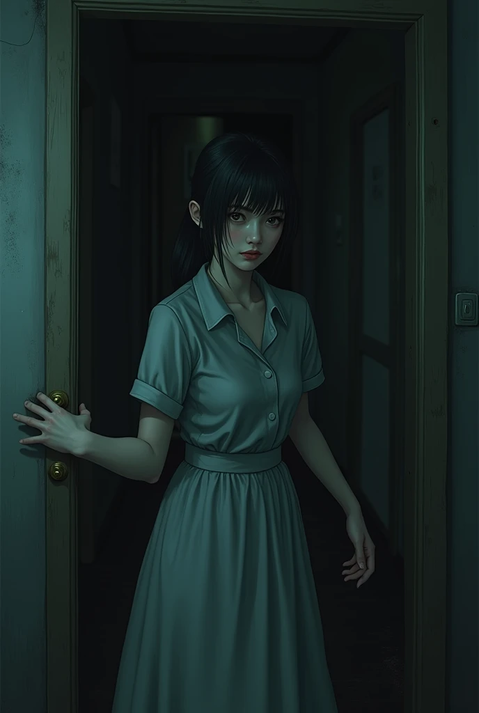 A female housekeeper is opening the door of a creepy room