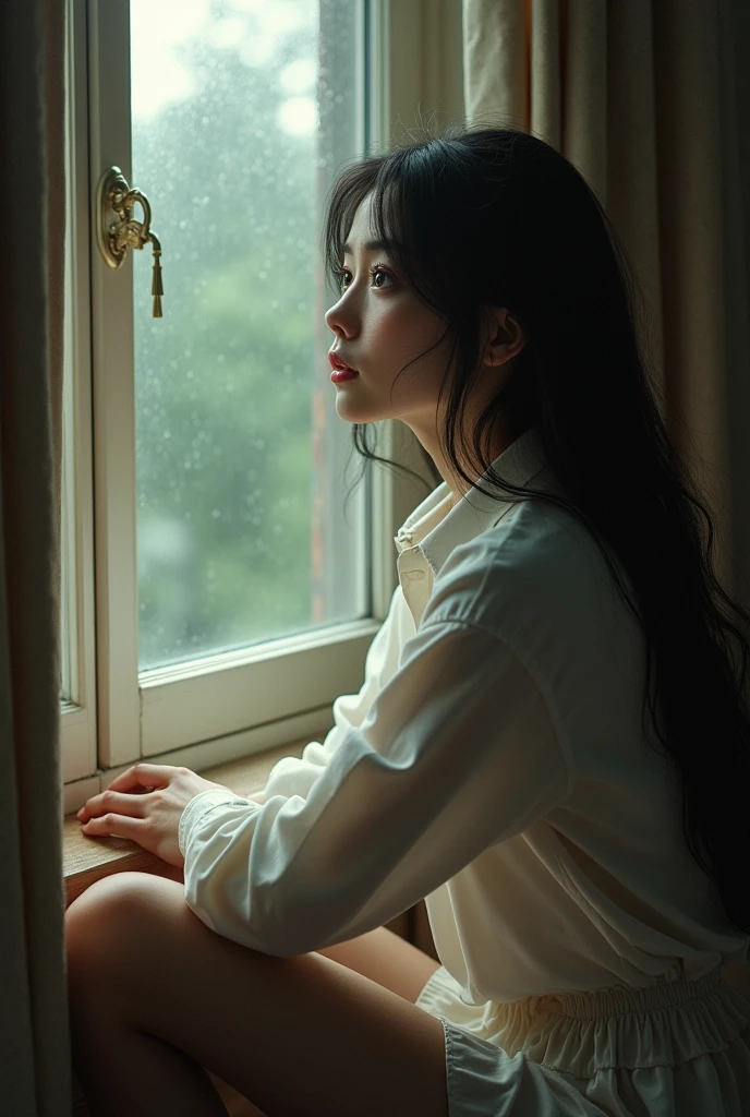 Portrait of a woman with deep sad eyes, long hair machine layer, wear white shirt and white skirt, sitting by the window in a cozy room looking out the window, soft light and light rain outside. she is lonely. Cô ấy cung song tử
