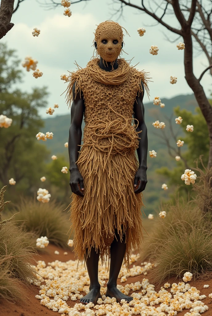 A black African man wearing a completely straw outfit from head to toe, without showing his face. ,descalco em close , in an African land location with popcorn falling from the sky and onto the ground. 
PICTURE REALISTIC. 