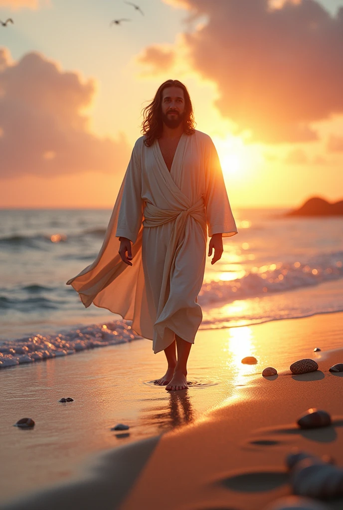 5. Jesus Walking Along a Beach at Sunset: An ultra-realistic depiction of Jesus walking barefoot along a quiet beach at sunset. The sky is painted in vibrant hues of orange, pink, and purple, reflecting on the calm waves that gently lap at the shore. His robes flow lightly in the breeze, and he is smiling softly, leaving footprints in the sand behind him. Seashells are scattered across the beach, and seabirds fly overhead. The scene radiates peace, with the sound of the ocean blending with the
