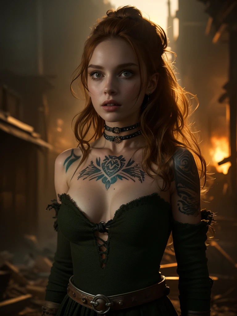 very detailed, 16K high resolution, incredibly detailed image, cinematic, best quality, masterpiece, realistic, detailed face, detailed background, dramatic lighting, A girl, 2, she is alone, beautiful, natural ginger hair, straggly and messy wavy hair. Extremely detailed facial expressions with sharp and piercing green eyes. A delicate, slightly cheeky face, subtly made up. ((She is tattooed and pierced, large tubes in her ears.)), She has (very small breasts) and a slim figure, in good shape. Dark lighting conditions, the world is destroyed after a war (end-time mood like in Mad Max). She is in an old destroyed city. Flames and clouds of smoke in the background. Her outfit is similar to Jinx, in Arcane. She has a belt around her waist. There is a crossbow on her back.