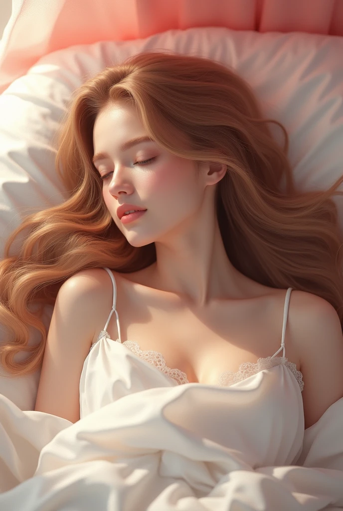 beautiful girl, with long wavy hair, Lying on a bed with white sheets, pink theme, 8k ultra, high resolution 