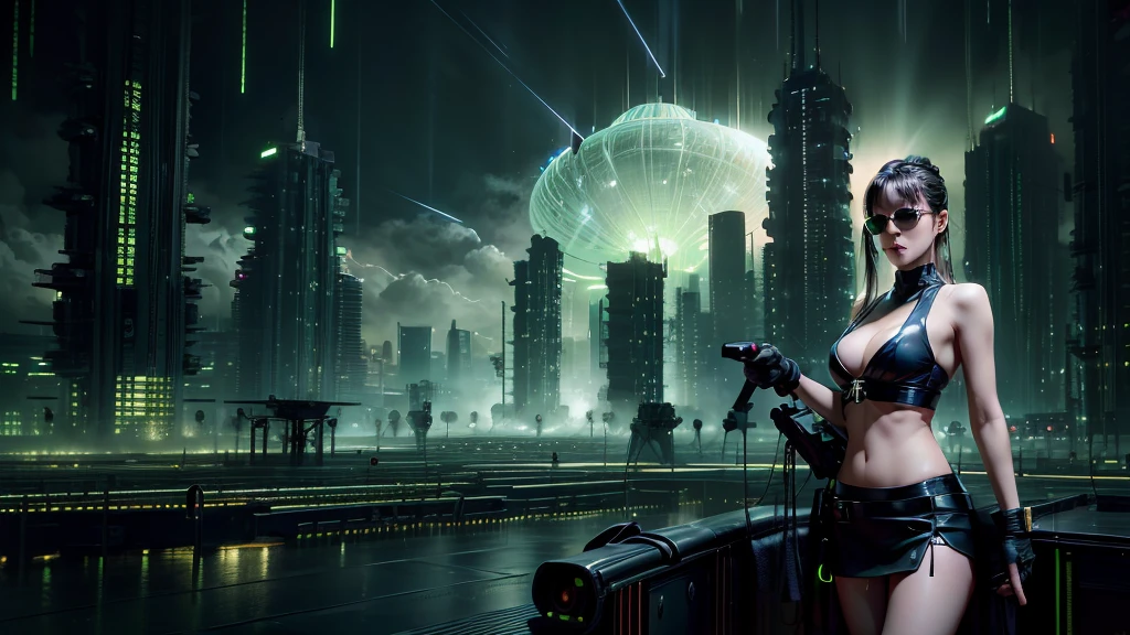 (Wide angle view). Matrix film inspired city, simple outlined neon tall buildings, glowing giant clock tower, lightning, close-up glowing matrix cascading code, 3D rendering Beeple. At night, (1girl, solo, alone), photorealistic, large-breast slim:0.6 body, oval:0.5 face, cleavage:1.1, miniskirt, deep-v, ((upskirt)), glove, (Matrix style black micro sunglasses), ((aiming viewer with a short gun)), (half-body thigh level close-up shot), cinematic lighting, ray tracing.