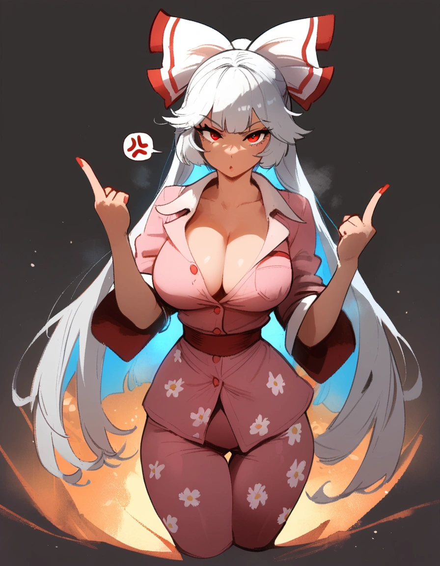 1girl, fujiwara no mokou, touhou

 \\\\\ masterpiece, best quality, newest,  , ///// by nyantcha, , by khyle, cutesexyrobutts \\\\\ ,, thin waist, highres, absurdes. looking at viewer, solo, anger, spoken anger vein, pink pajamas, unbuttoned, , solo,, grey background, cropped legs,  flower print, double middle finger, big tits, , simple background,  red eyes and ankle-length white hair
