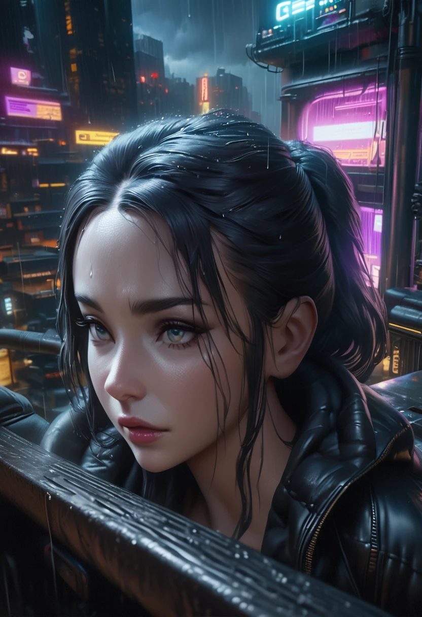 a girl with long turquoise hair, beautiful detailed eyes, beautiful detailed lips, extremely detailed face, cyberpunk cityscape, dark cloudy sky, rooftop scene, neon lights, rain, moody atmosphere, dramatic lighting, cinematic composition, (best quality,4k,8k,highres,masterpiece:1.2),ultra-detailed,(realistic,photorealistic,photo-realistic:1.37),intricate details,dramatic lighting,cinematic composition,moody atmosphere