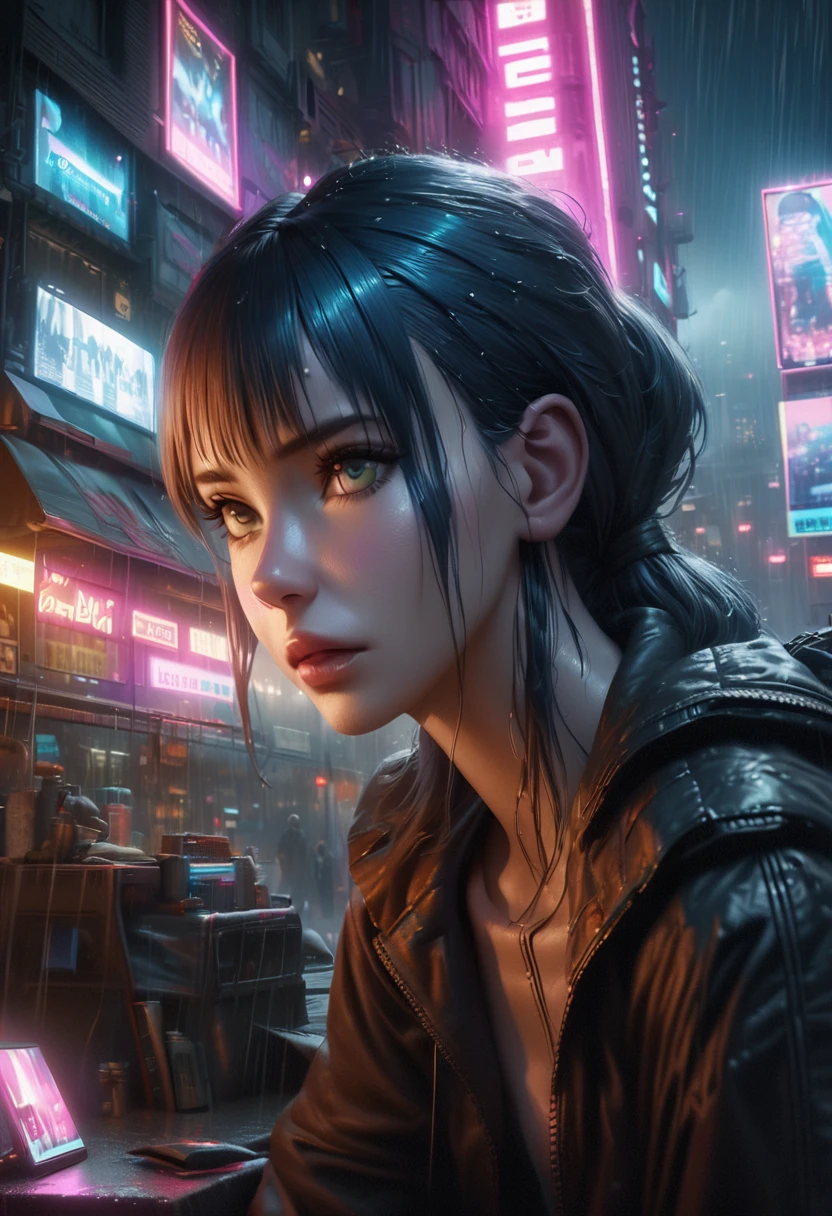 a girl with long turquoise hair, beautiful detailed eyes, beautiful detailed lips, extremely detailed face, cyberpunk cityscape, dark cloudy sky, rooftop scene, neon lights, rain, moody atmosphere, dramatic lighting, cinematic composition, (best quality,4k,8k,highres,masterpiece:1.2),ultra-detailed,(realistic,photorealistic,photo-realistic:1.37),intricate details,dramatic lighting,cinematic composition,moody atmosphere