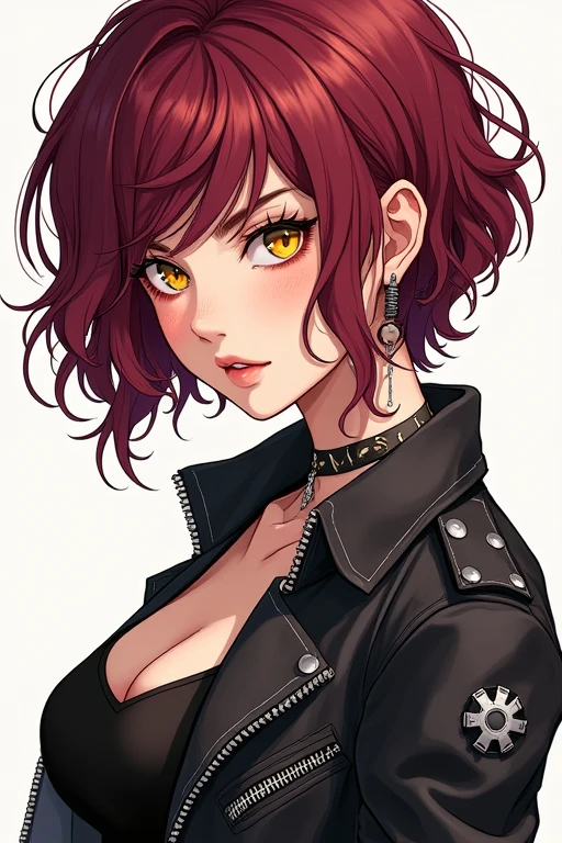Highest quality,High resolution,Detailed illustrations,One girl,short hair,Perm,punk jacket,Shoulder Bare,Wine red hair,Yellow Eyes,comics:Illustrations like Yurucamp△,comics家:Illustrations like Afro,