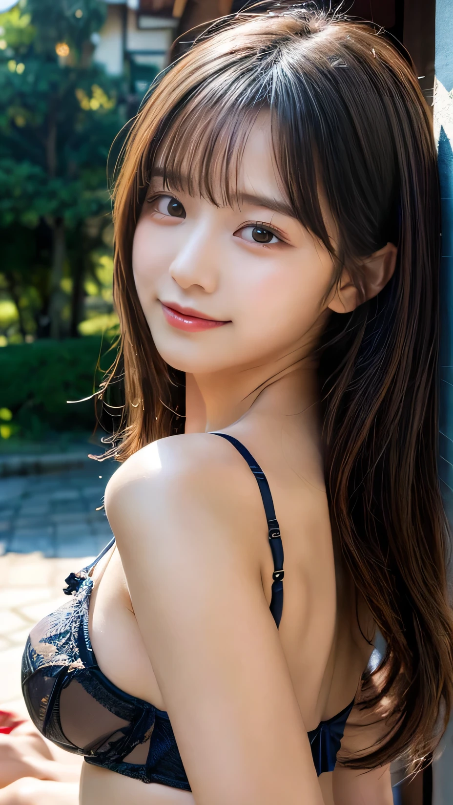 whole body、(Highest quality、8k、High resolution、Masterpiece)、Super detailed、Fine details、High resolution、(Real、フォトReal)、1 girl、Cute Japanese Girl、(perfect body: 1.4)、Super Detail、Beautiful Face、Glowing Skin、((sleeping posture))、((lying on back))、Camera angle from above、Beautiful detailed eyes、Beautiful detailed lips、Brown lingerie、Wearing lingerie、smile、happiness、Long Hair、Large, swollen breasts、Perfect figure、Harajuku Style、2 girl、Beauty、Inside the house、Natural light、The soft afternoon light