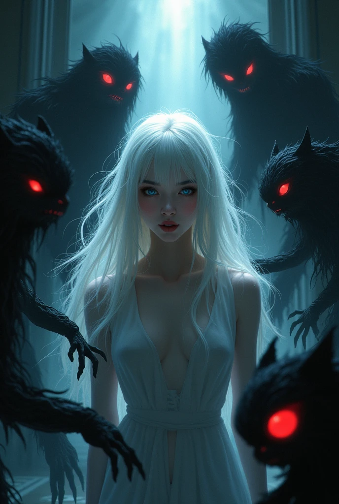 Create a cover for a book, that shows a dark room, and a young woman with Asian features, beautiful and mesmerizing look, White hair, White skin, bright light blue eyes, In the environment surrounding the girl there are many black shadows with glowing red eyes trying to catch the girl